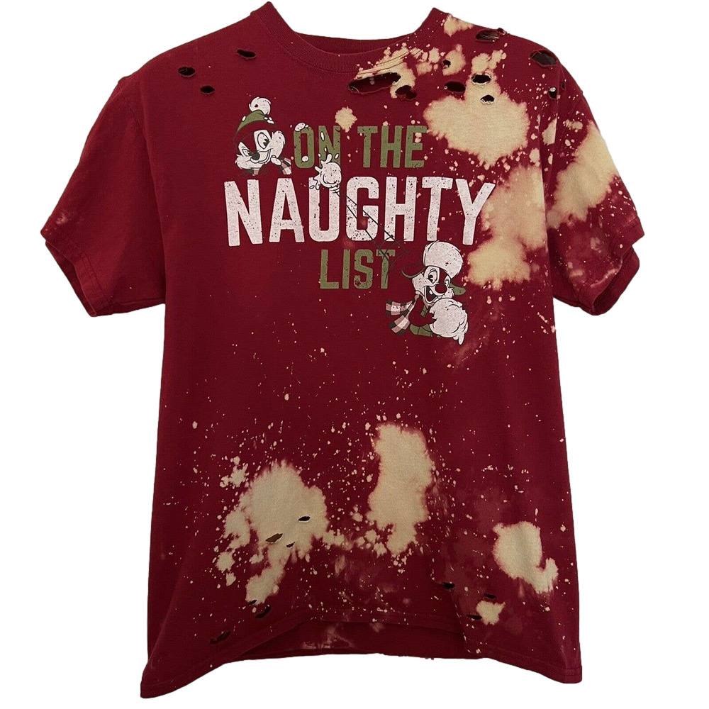 Chip and Dale The Naughty List Christmas Unisex Bleached Distressed T-Shirt - L